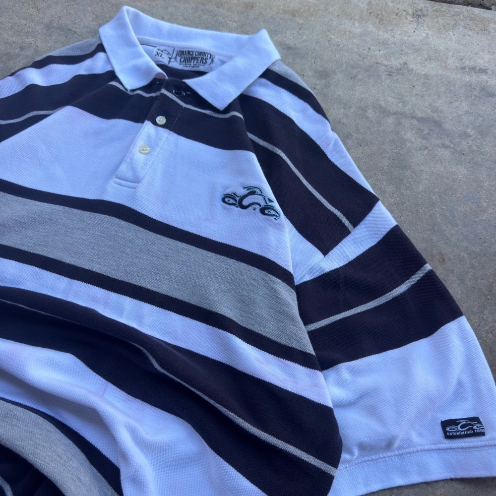 Vintage Y2K Orange County Choppers Polo Grunge Biker Striped Black XL (j4)